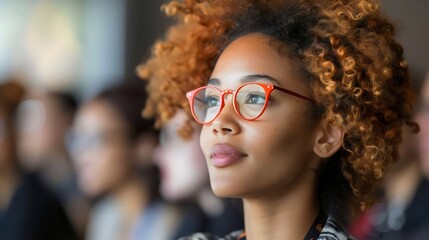 A woman with red hair and glasses is looking at the camera