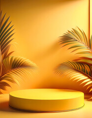 Wall Mural - Minimalistic Yellow Product Display with Palm Leaves