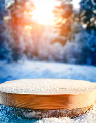 Wall Mural - Wooden Tabletop in a Snowy Forest