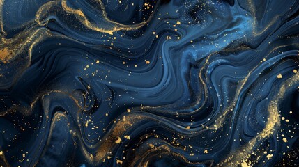 Poster - This image depicts an elegant navy and gold fluid art piece, blending swirls and splashes to create a visually captivating and modern artistic statement perfect for any space.