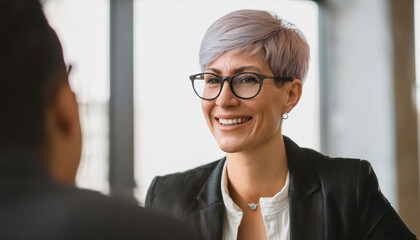 Smiling young businesswoman in a professional setting having a conversation