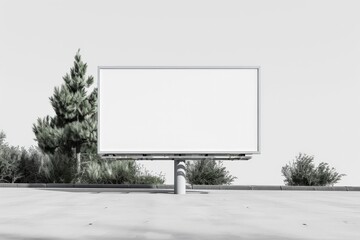 Fototapete - This blank billboard with a simple frame is positioned in an outdoor environment, surrounded by natural elements like trees and bushes, perfect for advertising purposes.