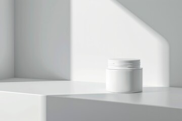Aufkleber - A tall, cylindrical white container showcased on a sharp-edged platform, bathed in bright, natural light, emphasizing its minimalist and clean design amid an abstract setting.