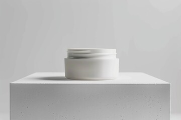 Poster - A pristine white container set on a textured, elevated block, under soft lighting conditions, projecting a calm and minimal aesthetic with a hint of sophistication.