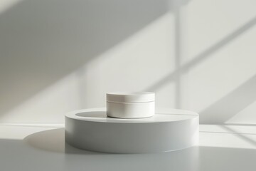 Aufkleber - A minimalist white container centered on a circular display pedestal, bathed in diffused natural light, creating a calm and balanced composition with shadows and highlights.