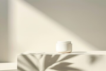 Poster - A white container delicately placed on an elevated cloth surface, warmly lit by sunlight, casting artistic shadows, creating a visually pleasing and minimalist composition.
