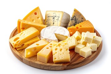 Wall Mural - Cheese White Background. Assorted Cheddar Cheese Chunk Composition on Wooden Plate