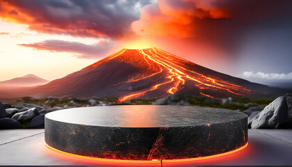 Canvas Print - Stone Pedestal With Volcano Background