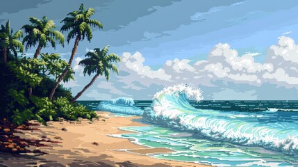 Wall Mural - A beautiful beach scene features crashing waves on the shore with tall palm trees and lush greenery on the side, under a sky dotted with light fluffy clouds.