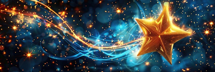 Wall Mural - Magic Christmas Star: Golden Shiny Night with Abstract Blue Trail