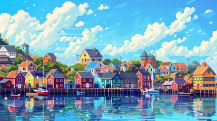 A stunning view of a colorful coastal town with houses reflecting on the calm water, capturing the serene beauty of the seaside community with clear blue skies.