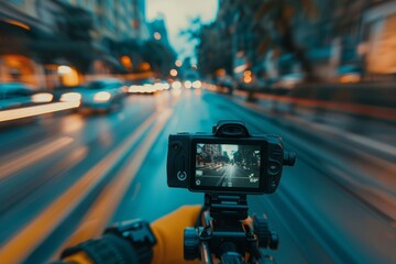 Poster - Photographer is using a camera on a tripod to capture the motion blur of cars driving on a city street at night