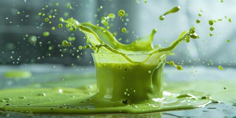 Poster - A splash of bright green liquid pouring out of a glass, great for science or environmental illustrations