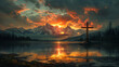 © Steven - A serene sunset over a mountain lake with a wooden cross prominently displayed on a small island, surrounded by vibrant clouds and majestic peaks.