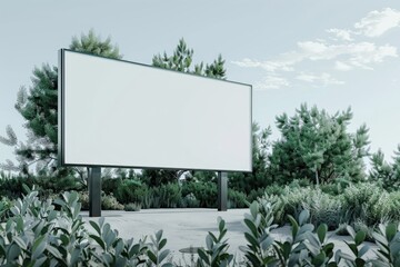 A large outdoor billboard positioned in a lush, green natural environment, with a blank white space ideal for advertisements, marketing campaigns, or commercial displays.