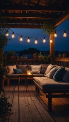 Wall Mural - Cozy terrace interior illuminated by soft night light