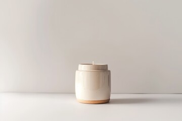 Poster - A beige ceramic candle in a simple, minimalist style jar on a white surface. This image represents warmth, tranquility, and a modern minimalist aesthetic.
