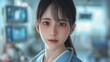 © Darcraft - Close-up portrait of a lofi anime girl doctor wearing a white coat, set in a bright, modern medical office.