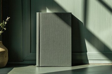Poster - A gray hardcover book standing upright in partial sunlight, with sharp, defined shadows creating a visually striking and modern image that balances light and dark.