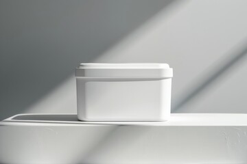 Aufkleber - A white container with a detachable lid placed on a flat surface, highlighted by soft natural light creating subtle shadows and highlighting its smooth texture.
