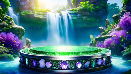 Sticker - Magical Waterfall Scene with Crystal Pedestal