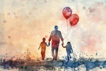 Poster - A watercolor illustration of a man surrounded by two children, all holding hands in a heartwarming scene