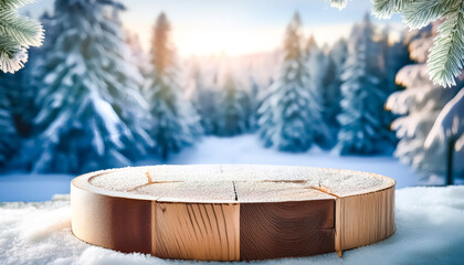 Wall Mural - Wooden Round Table In Winter Forest Scene