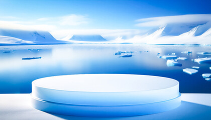 Wall Mural - Iceberg-Shaped Podium with Snowy Mountains and Blue Water Background