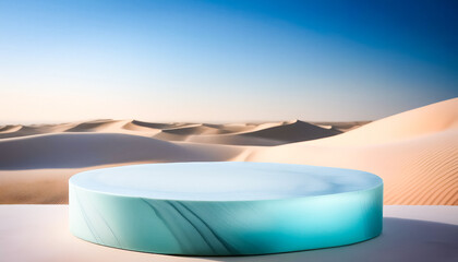 Wall Mural - Blue Marble Podium on a Sand Dune in the Desert