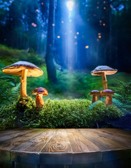 Sticker - Wooden Table in a Magical Forest with Mushrooms