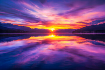 Wall Mural - Ethereal Serenity: A Golden Sunset Over a Perfectly Reflective Lake, Framed by Majestic Mountains