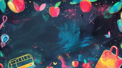 Poster - A vibrant chalkboard bursts with colorful brush strokes and detailed drawings of educational items, inspiring creativity in a classroom setting. Generative AI