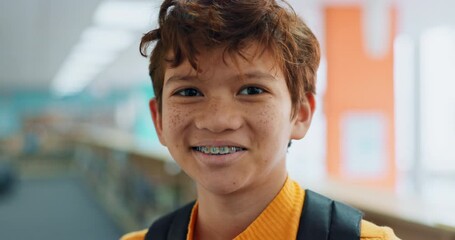 Aufkleber - Happy boy, school and future with backpack for knowledge, education or information literacy at library. Portrait of young male person, teenager or child with smile or bag for learning or literature