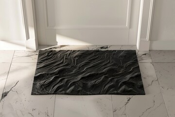 Poster - A simple and elegant interior design concept featuring a black rug sitting on top of a marble floor