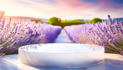 Poster - White Cylinder Podium in a Lavender Field at Sunset