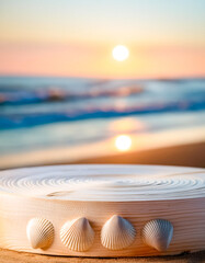 Poster - Wooden Display Stand With Seashells On The Beach At Sunset