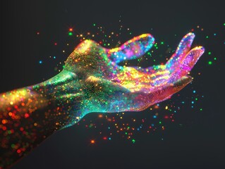 3D rendering of a holographic hand, reaching out with detailed light refractions and a multicolored spectrum