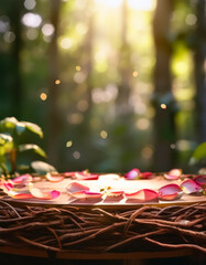 Wall Mural - Rose Petals on a Wooden Surface in a Forest Setting