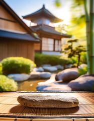 Wall Mural - Stone on Bamboo Mat with Blurred Japanese Garden Background