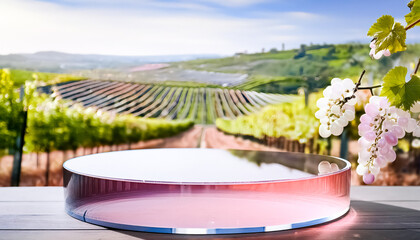 Poster - Glass Podium with Vineyard Background