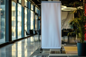 Poster - Empty rollup banner standing in a modern office with big windows, perfect to display your message