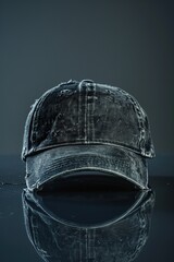 Aufkleber - A black hat sits on a reflective surface, possibly used for photography or as a prop