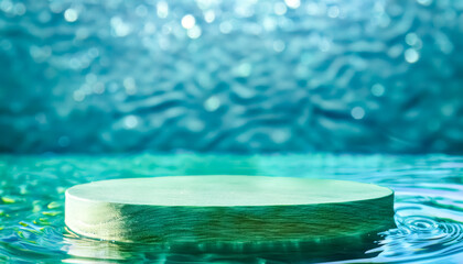 Canvas Print - Green Wooden Platform Floating on Blue Water with Bokeh Background