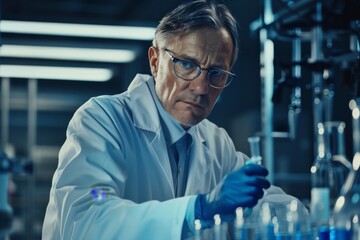 Leinwandbilder - A scientist in protective gear wears a serious expression while diligently analyzing samples in a high-tech laboratory, surrounded by an array of scientific equipment and technology.