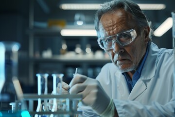 Aufkleber - In a laboratory, a researcher wearing protective gloves and a white lab coat is carefully examining and manipulating scientific instruments, focused on a precise task.