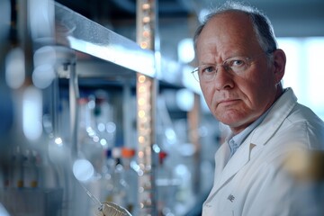 Aufkleber - An older male scientist wearing glasses and a lab coat stands in a modern laboratory, surrounded by scientific equipment and test tubes, showcasing focus and dedication.