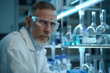 Poster - An older male scientist with a beard and protective eyewear works in a laboratory filled with beakers and scientific equipment, reflecting precision and research.