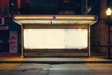Poster - Empty billboard in an urban setting with a glowing yellow neon light at night