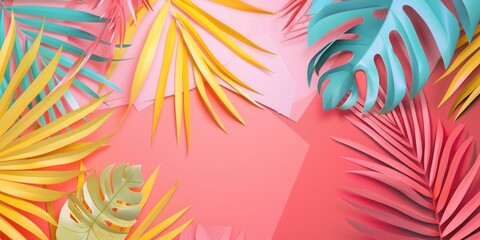 Poster - Colorful paper cutout of tropical leaves on a pink background, ideal for designs and projects requiring a pop of color