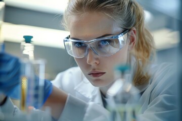 Aufkleber - A dedicated scientist wearing a lab coat and safety goggles works intently in a laboratory, surrounded by scientific equipment, demonstrating focus and determination.